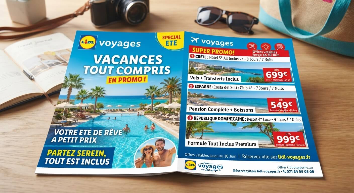 Brochure Lidl Voyages présentant des séjours tout compris en promotion.