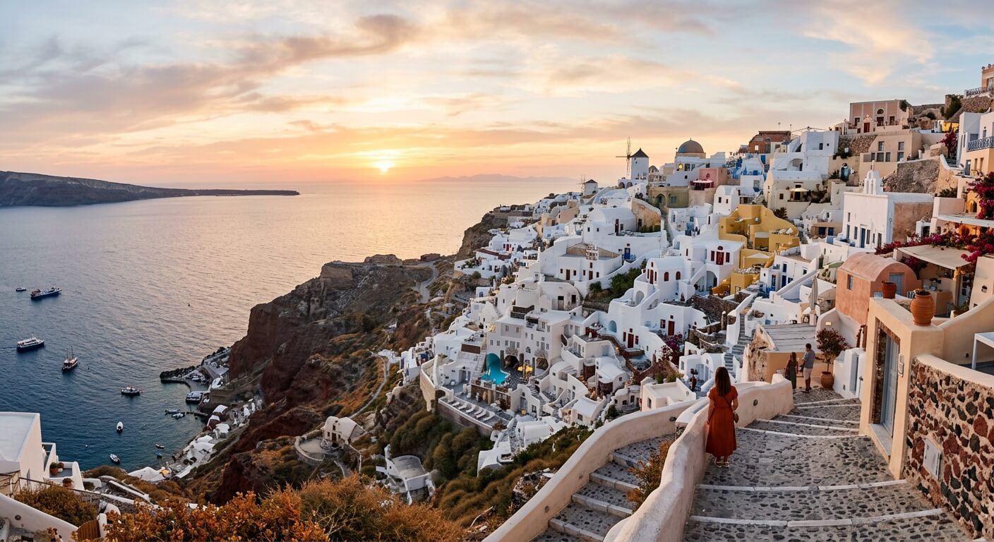 Village d'Oia à Santorin sous les douces lumières d'un coucher de soleil d'automne sans foule.