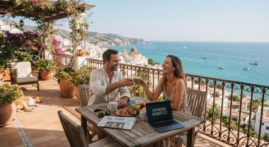 Tout plaquer et partir vivre en Espagne : le vrai bilan 2 Vue d'une terrasse ensoleillée face à la mer Méditerranée illustrant une expatriation réussie en Espagne.