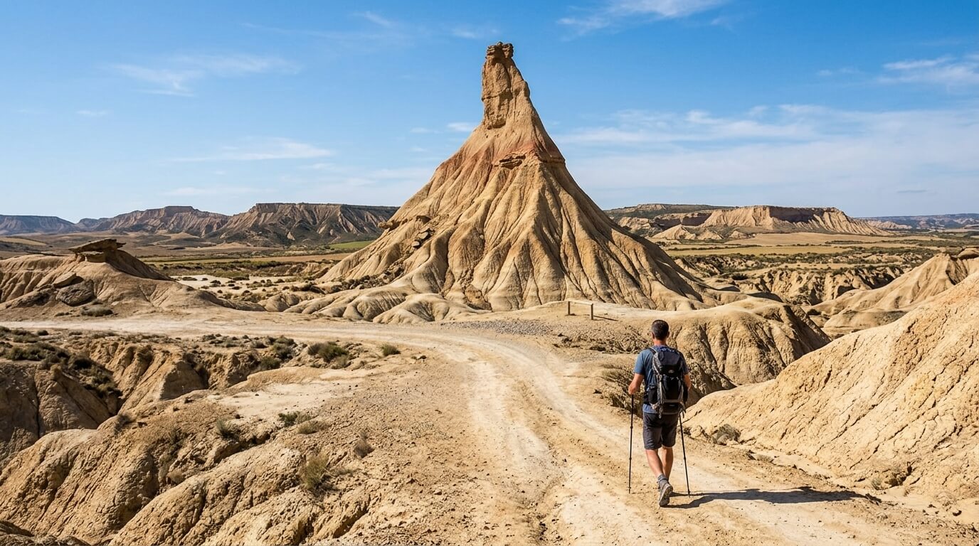 Randonneur marchant sur une piste de terre face à la cheminée de fée de Castildetierra dans les Bardenas Reales.
