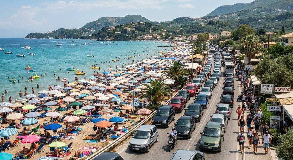 Corfou avis négatif : ce qui déçoit vraiment et comment l'éviter 3 Plage bondée de transats payants et circulation saturée en plein été à Corfou.