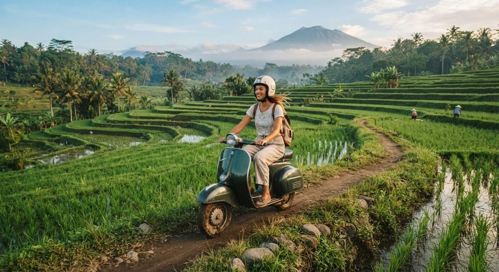 Voyager seule en Indonésie : sécurité, avis, îles, tenues et budget 4 Touriste solo en scooter traversant les rizières verdoyantes d'Ubud à Bali.