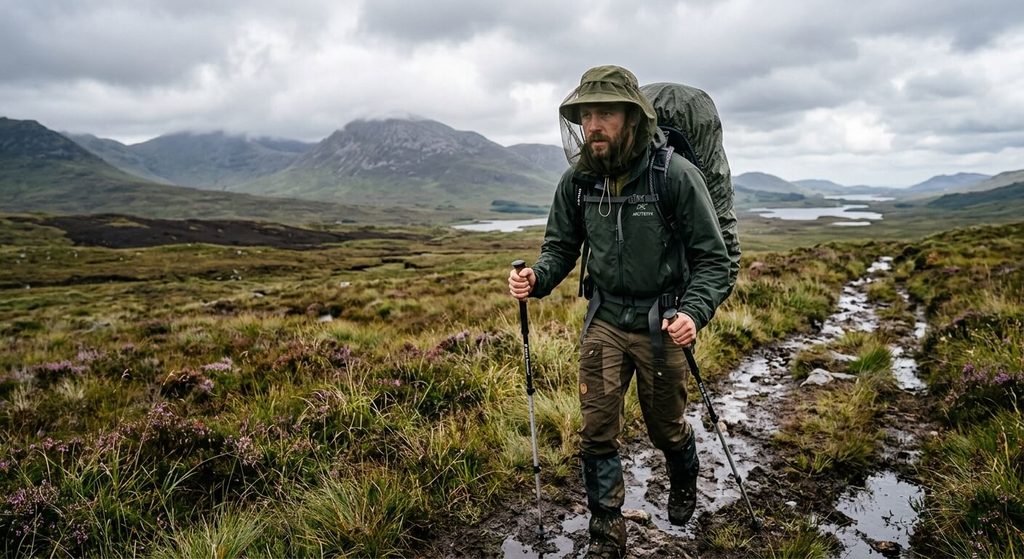 Midges en Irlande : comment éviter les piqûres de ces moucherons voraces 3 Randonneur portant un chapeau avec filet moustiquaire fin contre les midges d'Irlande.