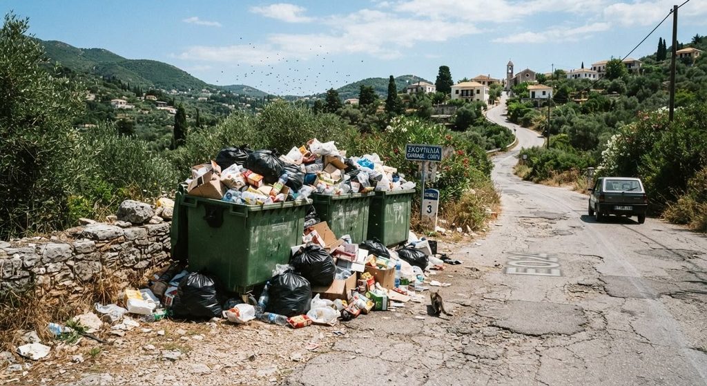 Corfou avis négatif : ce qui déçoit vraiment et comment l'éviter 4 Bacs à ordures débordant au bord d'une route secondaire de l'île de Corfou.