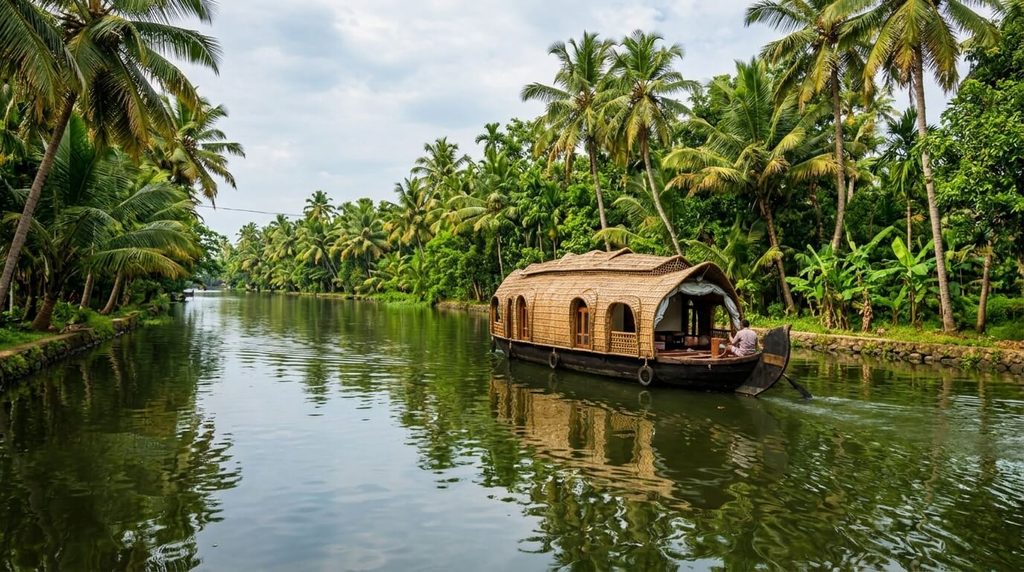 Où aller en Inde pour la première fois : itinéraires conseillés et conseils pratiques 4 Bateau traditionnel en bois naviguant paisiblement sur les canaux tropicaux du Kerala.