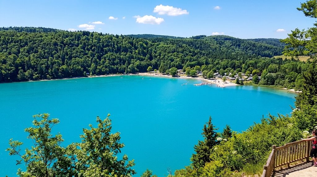 Jura ou Vosges : quel massif choisir pour vos vacances ? 4 Eaux turquoise du lac de Chalain entouré par la forêt jurassienne en été.
