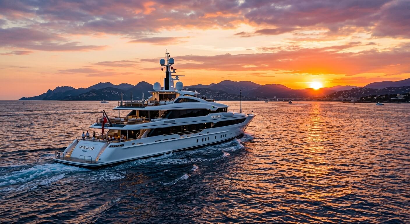 Yacht d'exception naviguant en mer Méditerranée au coucher du soleil.