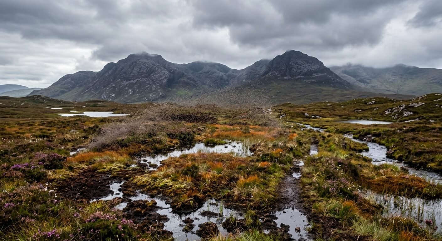 Nuage de midges au-dessus d'une tourbière humide dans le Connemara en Irlande.