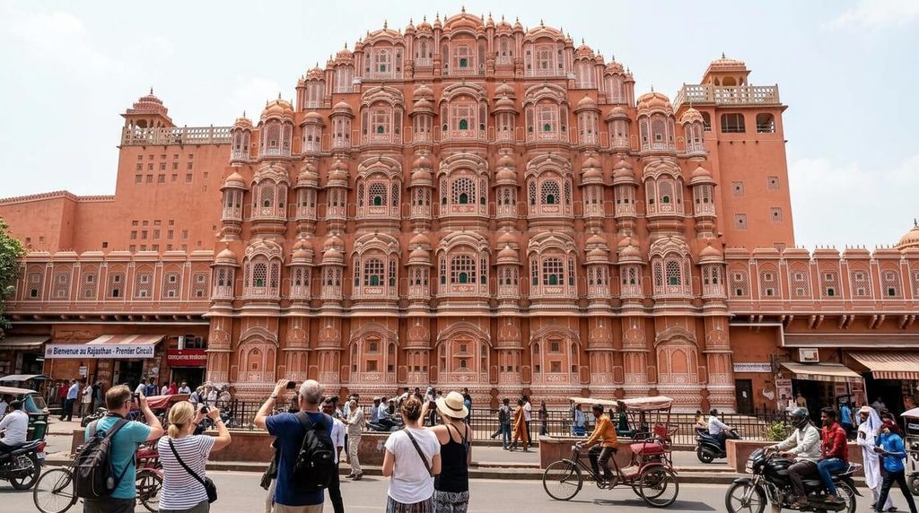 Où aller en Inde pour la première fois : itinéraires conseillés et conseils pratiques 3 Façade en grès rose du Hawa Mahal à Jaipur lors d'un premier circuit au Rajasthan.