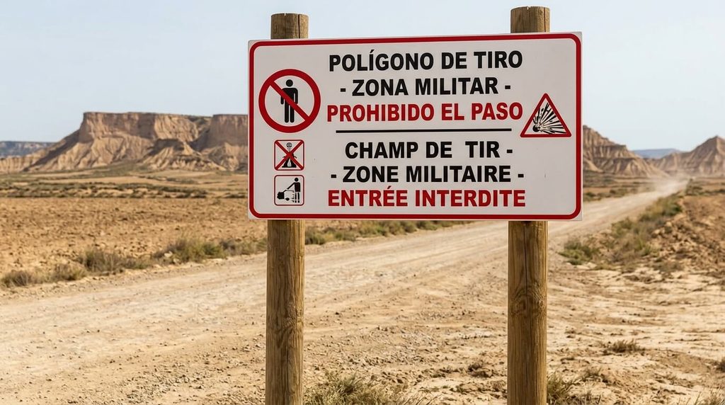 Randonnée dans les Bardenas sans guide : ce qu'il faut savoir 3 Panneau d'avertissement bilingue marquant la frontière du polygone de tir militaire dans le désert des Bardenas.