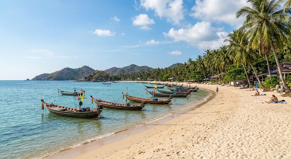 Plage paisible de Sairee Beach à Koh Tao bordée de palmiers et de bateaux traditionnels thaïlandais.