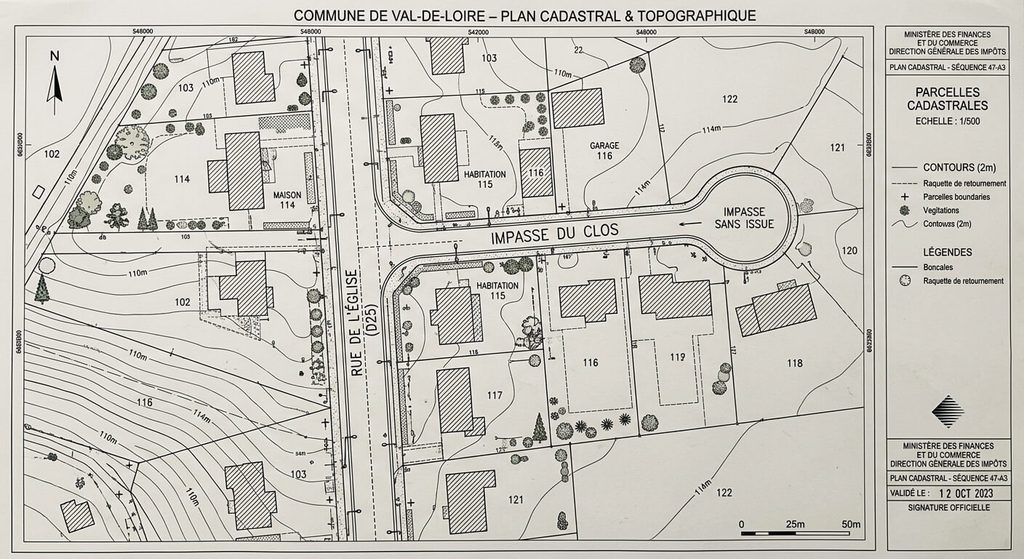 Quelle rue mène à l'impasse des Lilas ? Guide des adresses 3 Carte topographique et plan cadastral officiel montrant le raccordement d'une impasse sur une voie principale.