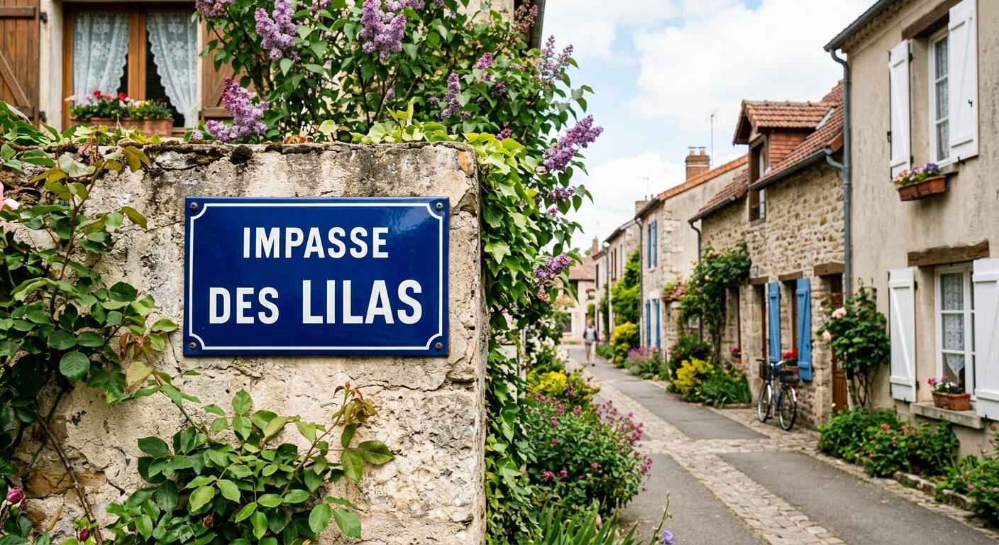Plaque de rue émaillée bleue et blanche indiquant l'Impasse des Lilas dans un quartier résidentiel.