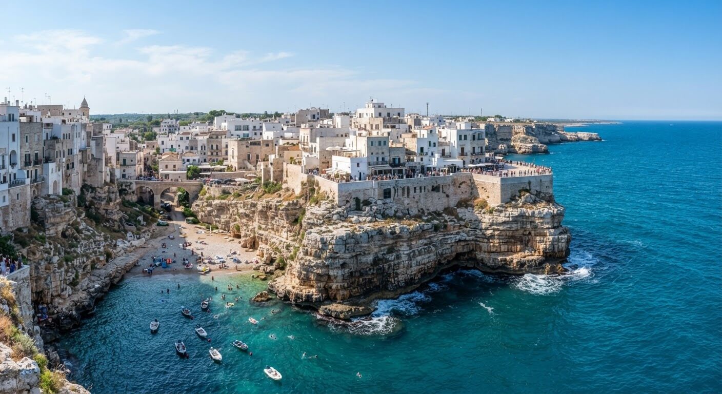Maisons blanches perchées sur les falaises calcaires de Polignano a Mare au bord de la mer Adriatique.