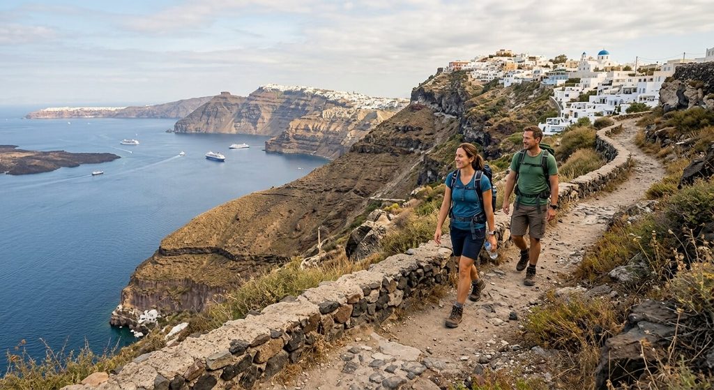 Randonneurs longeant la caldeira de Santorin sur le sentier entre Fira et Imerovigli en octobre.