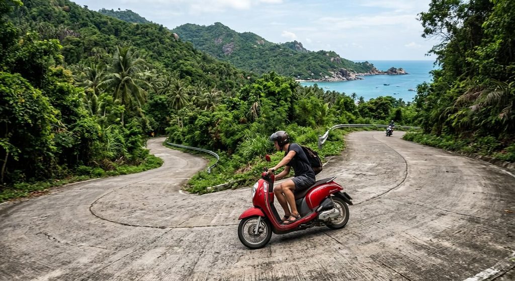 Route pentue et sinueuse de Koh Tao illustrant la difficulté de conduite en deux-roues sur l'île.