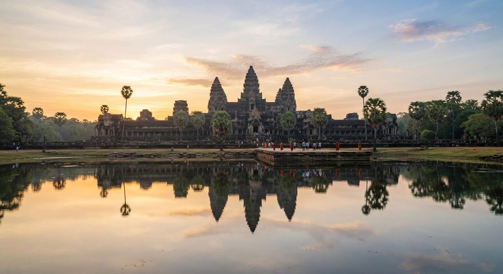 Vietnam ou Cambodge : comment choisir votre voyage en Asie du Sud-Est ? 4 Reflet des tours du temple d'Angkor Wat dans le bassin au lever du soleil au Cambodge.