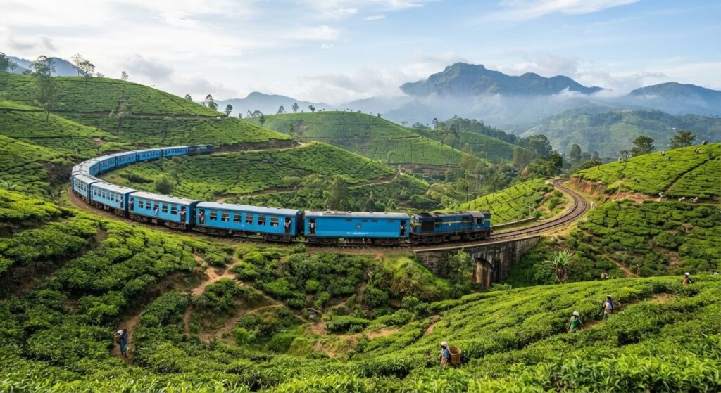 Le célèbre train bleu traversant les collines de plantations de thé vert à Ella au Sri Lanka.