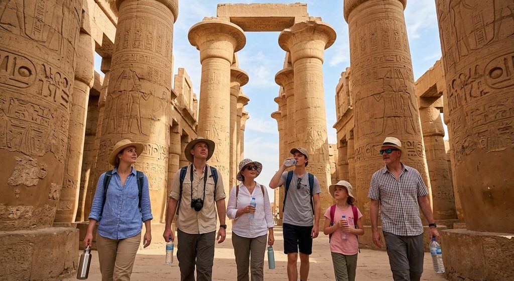Croisière sur le Nil : est-ce dangereux, ce qu'il faut vraiment savoir 4 Groupe de voyageurs visitant les colonnes du temple de Karnak avec chapeaux et bouteilles d'eau.