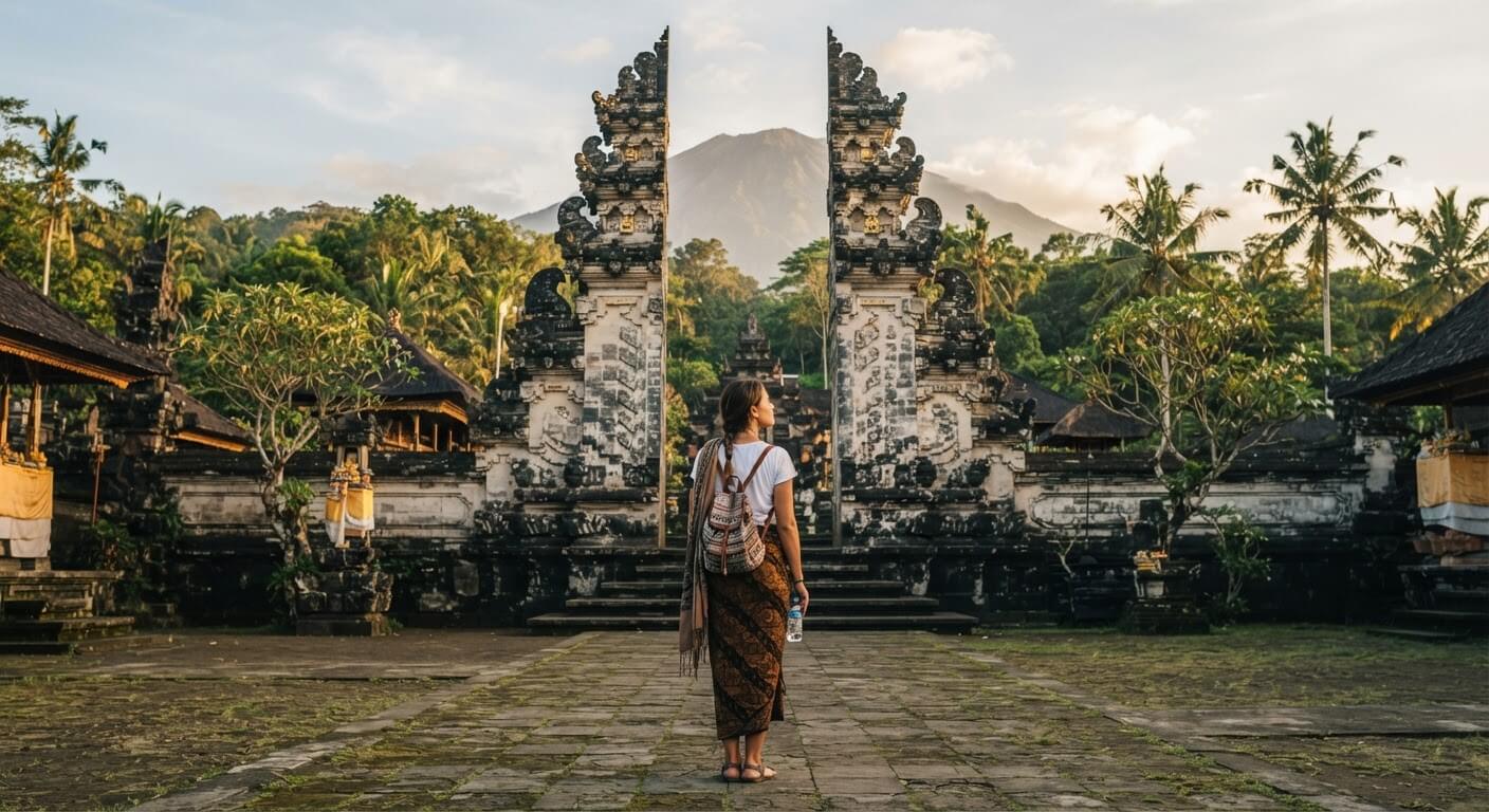 Femme voyageant seule contemplant les portes traditionnelles d'un temple balinais.
