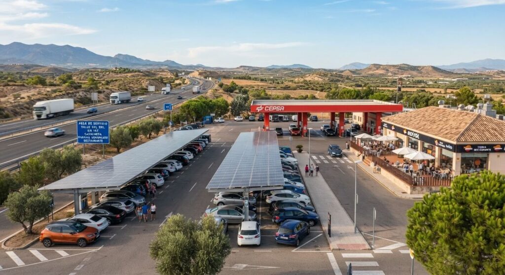 Aire de service sur l'autoroute espagnole avec parking ombragé et station-service.