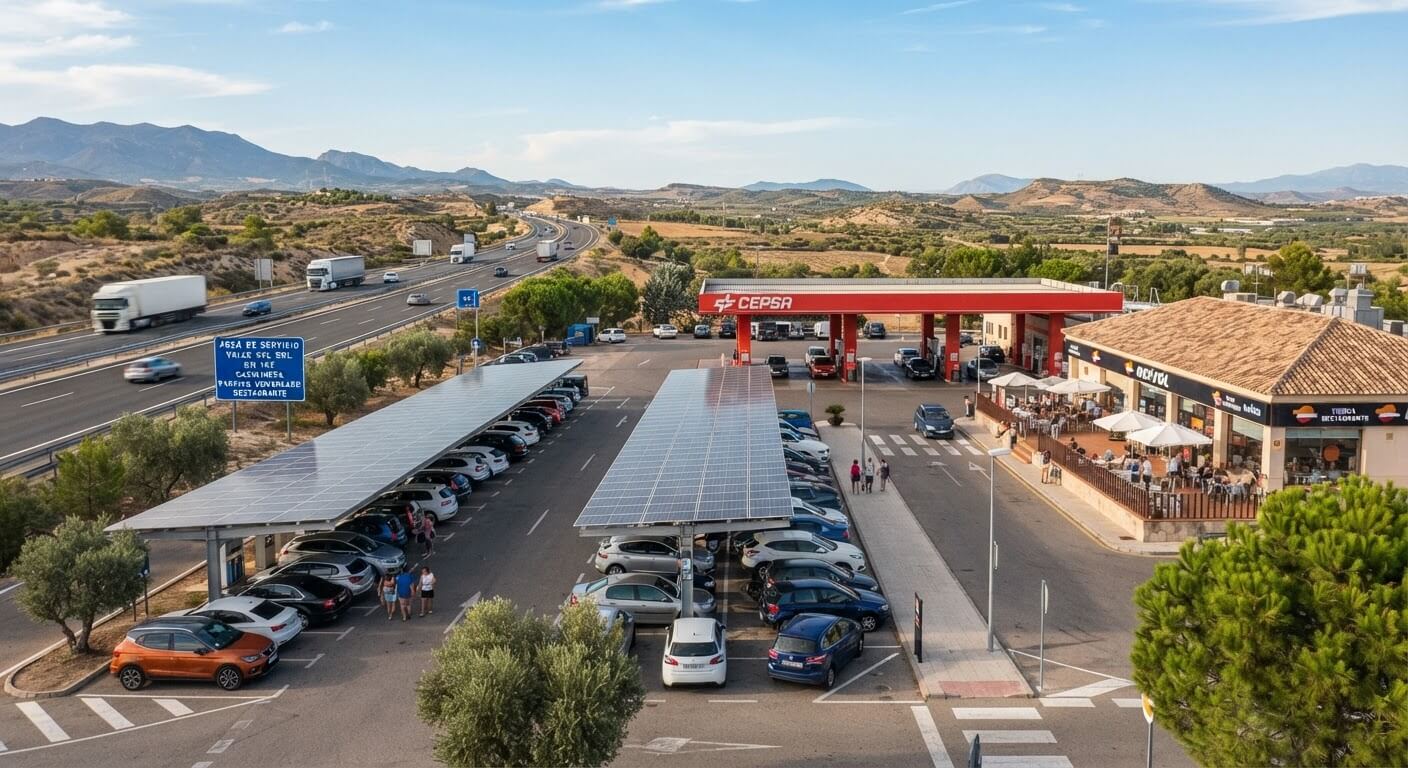 Aire de service sur l'autoroute espagnole avec parking ombragé et station-service.