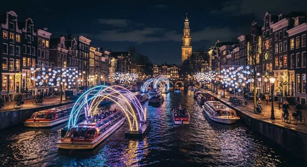 Amsterdam en décembre : météo, Noël et meilleure période pour y aller 4 Canaux d'Amsterdam illuminés la nuit par les installations de l'Amsterdam Light Festival en décembre.