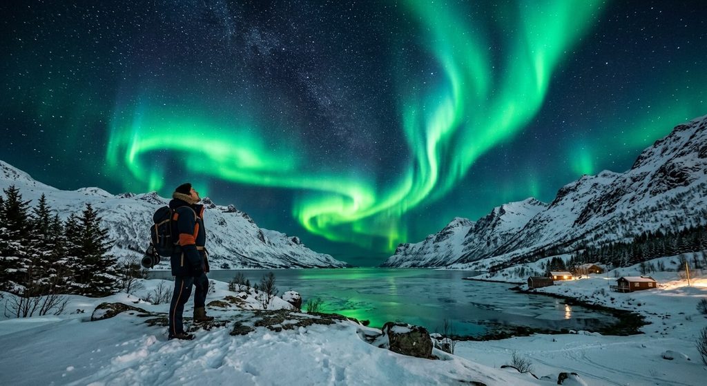 Liste de choses à faire dans une vie : 50 idées pour créer sa bucket list 4 Aurore boréale verte dans un ciel nocturne illustrant un rêve de voyage à réaliser dans sa vie.