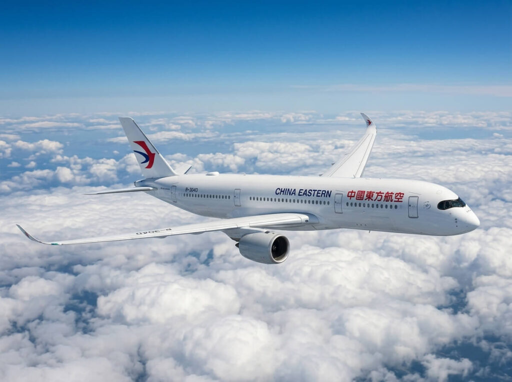 Airbus A350 long-courrier de la compagnie China Eastern Airlines aux couleurs blanc et bleu.