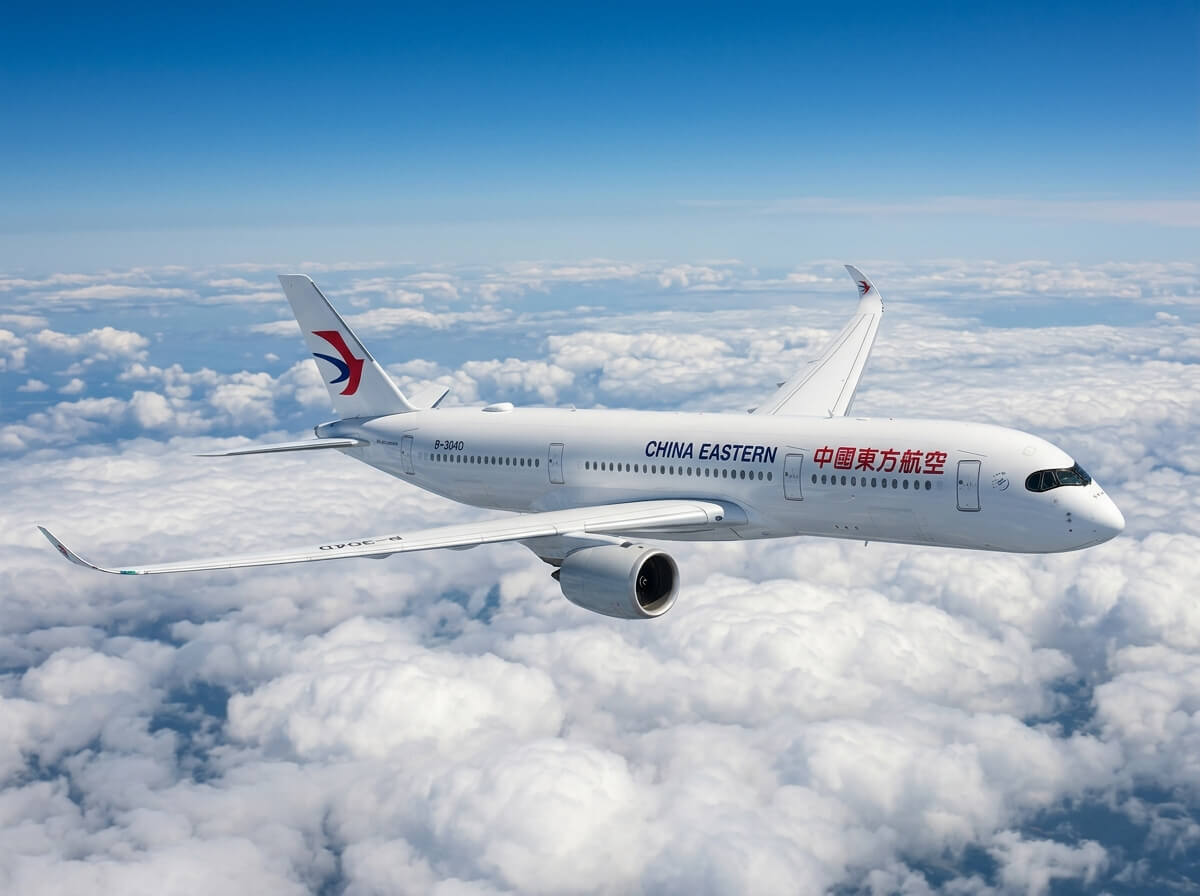 Airbus A350 long-courrier de la compagnie China Eastern Airlines aux couleurs blanc et bleu.