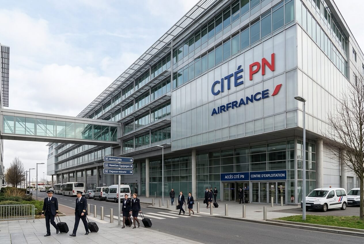 Façade du centre d'exploitation Cité PN Air France à l'aéroport Roissy-Charles de Gaulle.