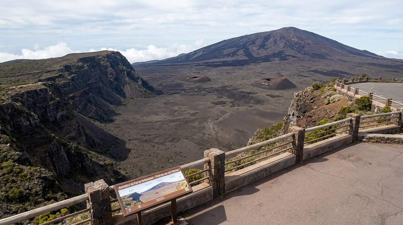 Vue plongeante sur l'enclos du Piton de la Fournaise depuis le belvédère du Pas de Bellecombe sans randonnée.