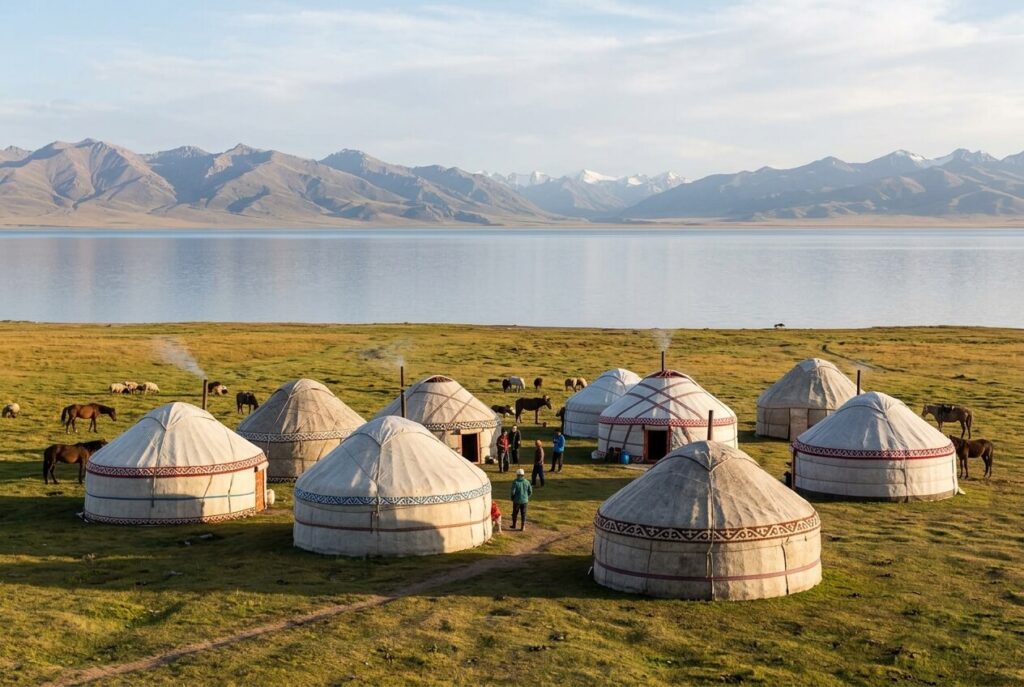 Avis sur un voyage au Kirghizistan : sécurité, budget et retours d'expérience 2 Campement traditionnel de yourtes posé au bord des eaux calmes du lac Song-Koul au Kirghizistan.