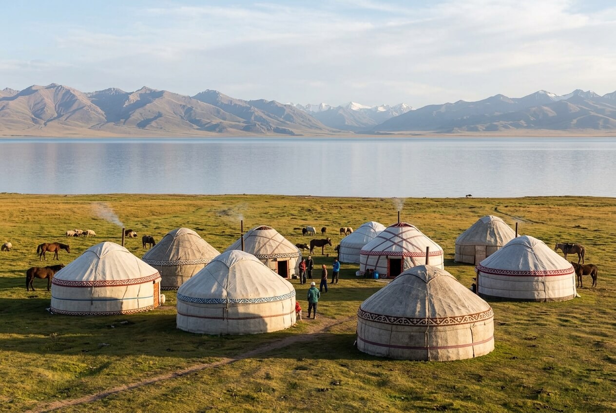 Campement traditionnel de yourtes posé au bord des eaux calmes du lac Song-Koul au Kirghizistan.