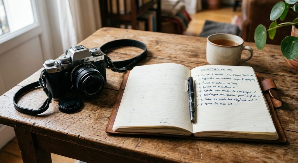 Liste de choses à faire dans une vie : 50 idées pour créer sa bucket list 3 Carnet de notes ouvert sur une table avec une liste d'objectifs de vie et un appareil photo.