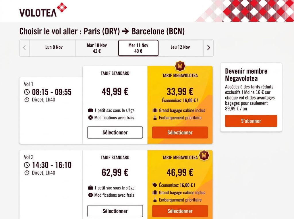 Écran de réservation en ligne comparant les tarifs standards et les tarifs réduits Megavolotea.