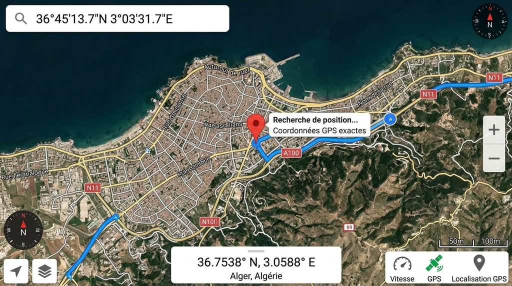 Latitude 36.443588 longitude 6.026489 : localisation de la forêt Ben Khelifa 3 Vue satellite GPS montrant la localisation géographique exacte des coordonnées en Algérie.