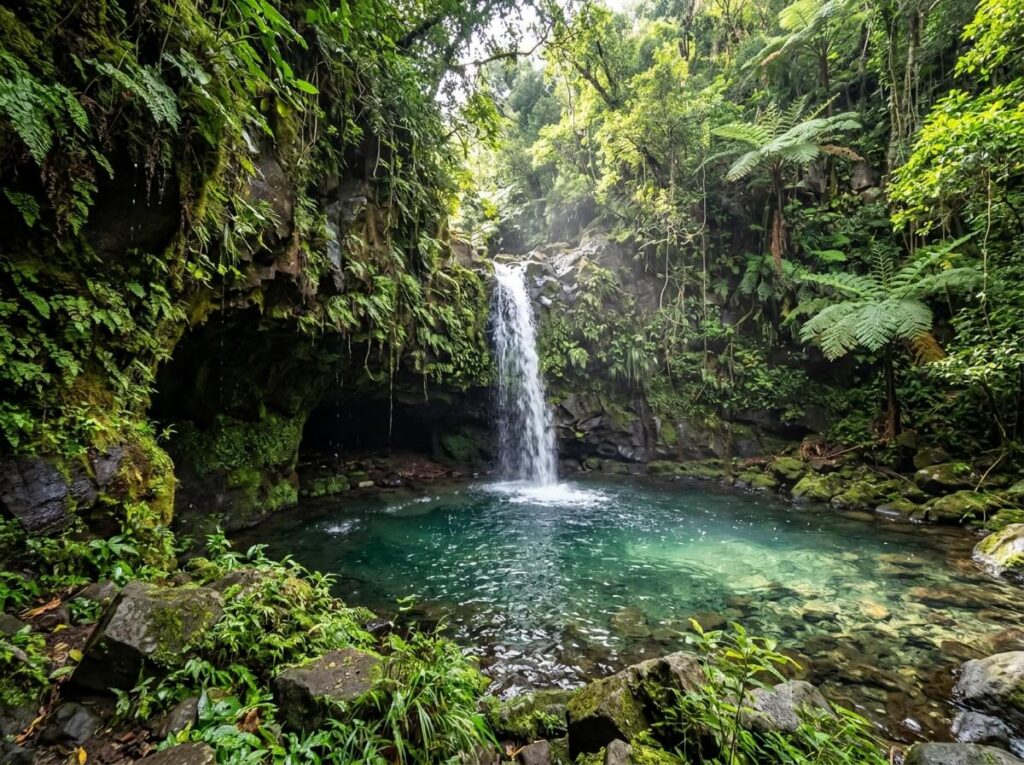 Bassin Capillaire à La Réunion : accès, randonnée et baignade 2 Cascade et eau cristalline du bassin Capillaire niché dans la végétation tropicale à La Réunion.