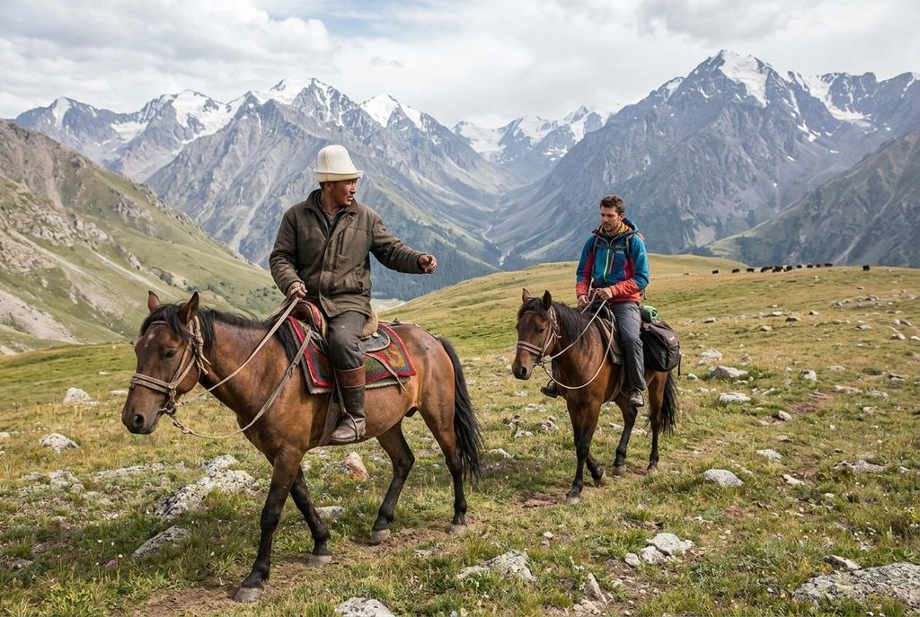 Avis sur un voyage au Kirghizistan : sécurité, budget et retours d'expérience 3 Randonneur à cheval guidé par un éleveur nomade dans les alpages des monts Tian Shan.