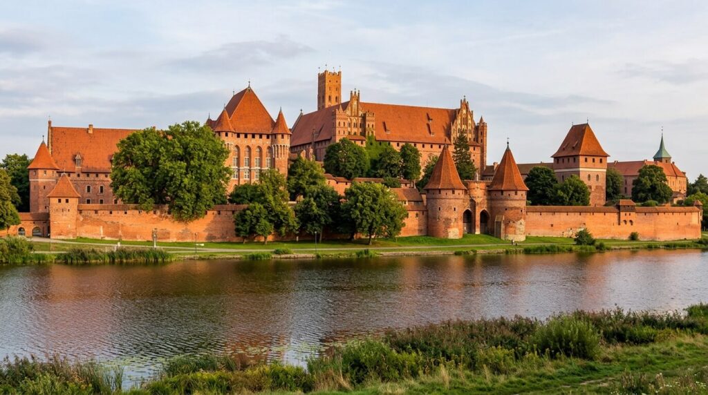 Le plus grand château du monde : Malbork, Prague ou Windsor ? 2 Vue d'ensemble de la forteresse médiévale en briques rouges du château de Malbork en Pologne.