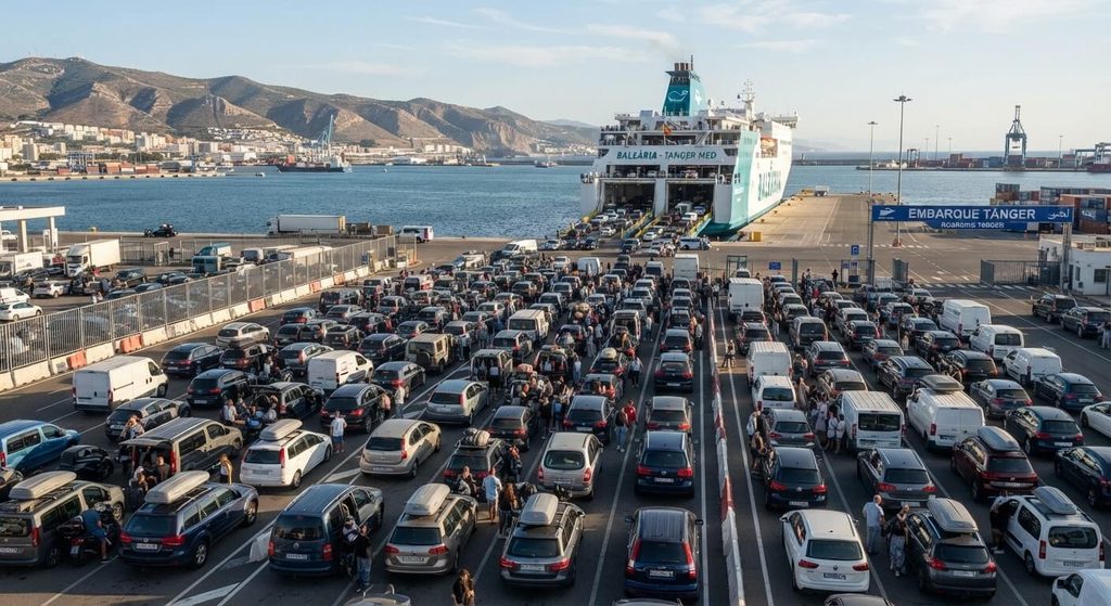 Véhicules stationnés sur les quais du port d'Algésiras en attente d'embarquement pour Tanger.