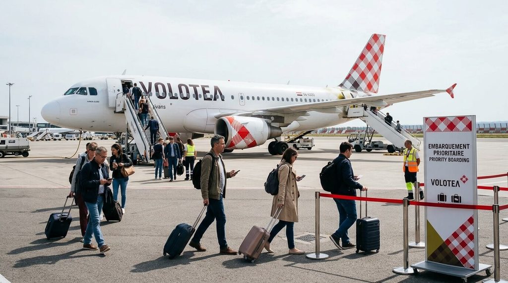 Passagers montant à bord d'un avion Volotea avec bagage cabine et embarquement prioritaire.