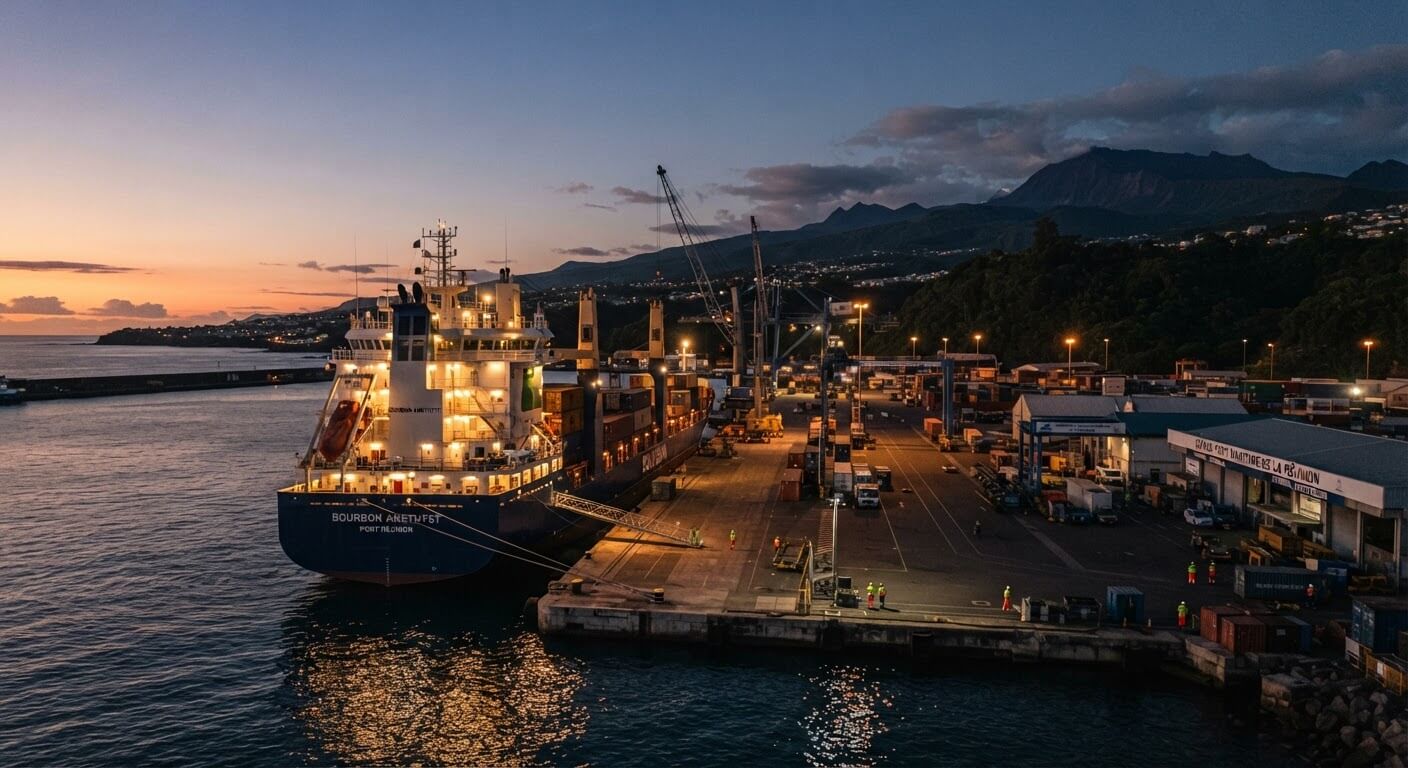 Navire à quai au grand port maritime de La Réunion à la tombée de la nuit.