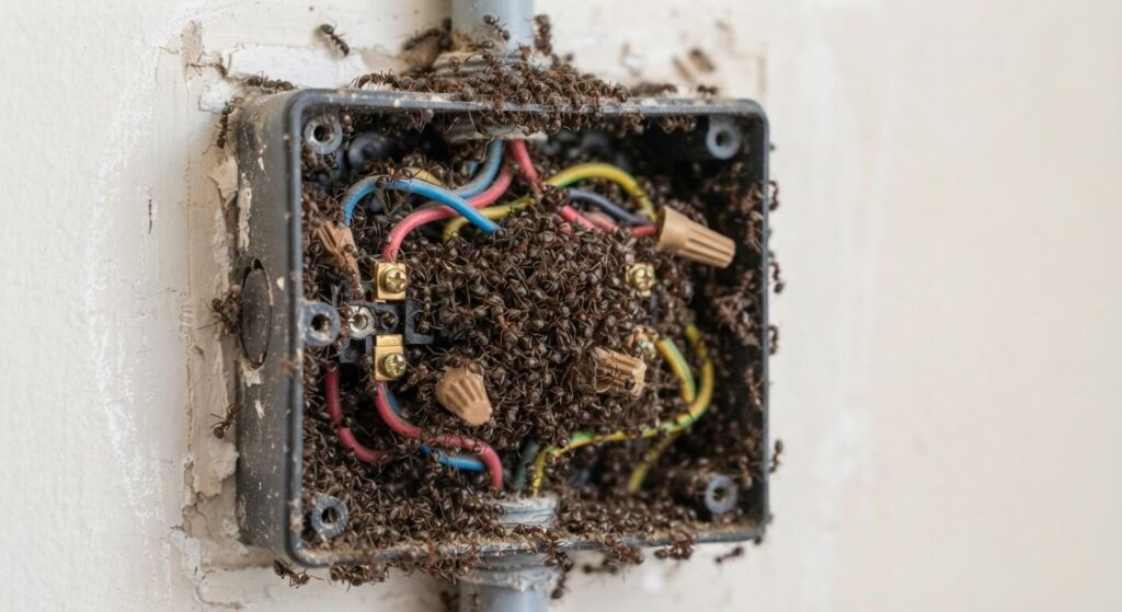 Amas d'ouvrières Lasius neglectus amassées à l'intérieur d'un boîtier électrique de maison.