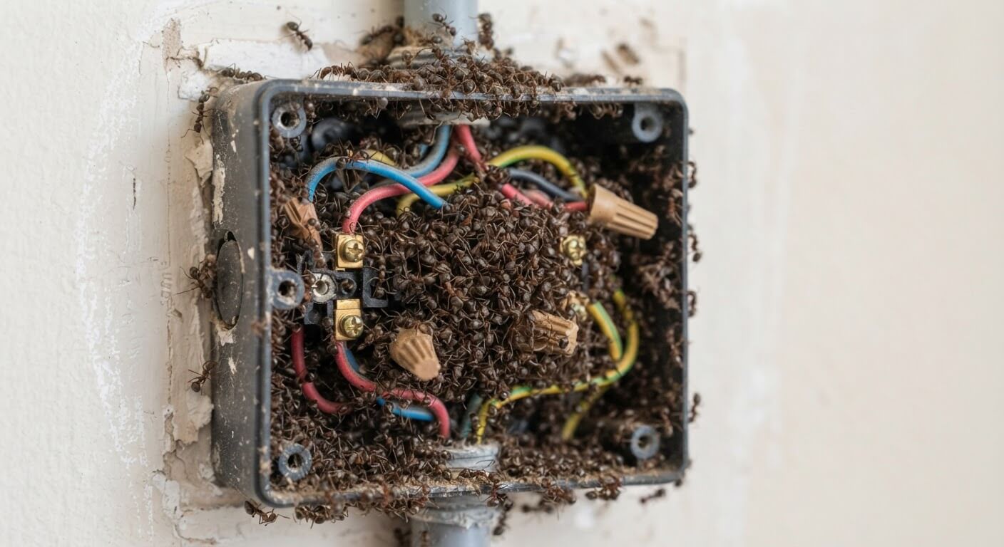 Amas d'ouvrières Lasius neglectus amassées à l'intérieur d'un boîtier électrique de maison.