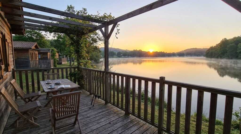 Terrasse d'un gîte en bois donnant sur un lac paisible au lever du soleil dans le Lot-et-Garonne.