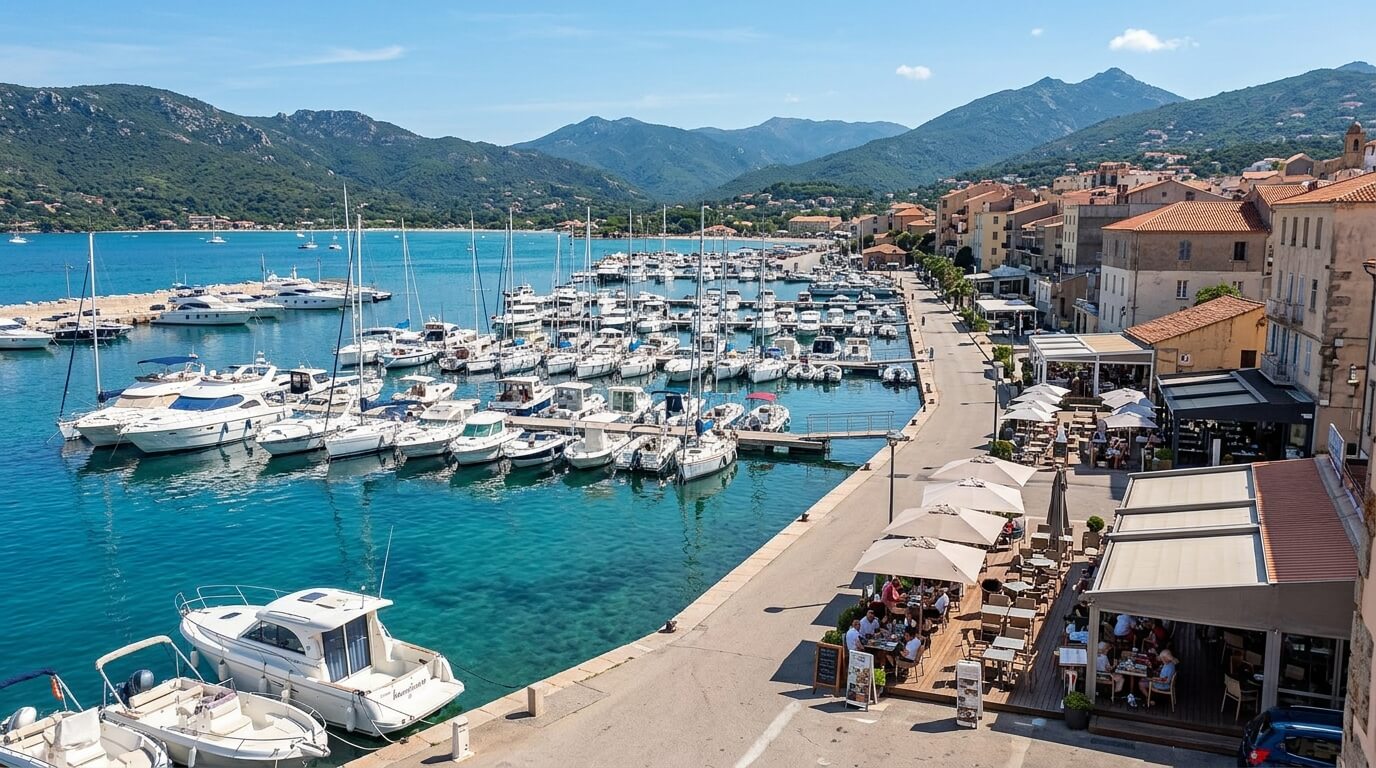 Port de plaisance de Propriano avec les terrasses de café bordant les eaux calmes du golfe de Valinco.