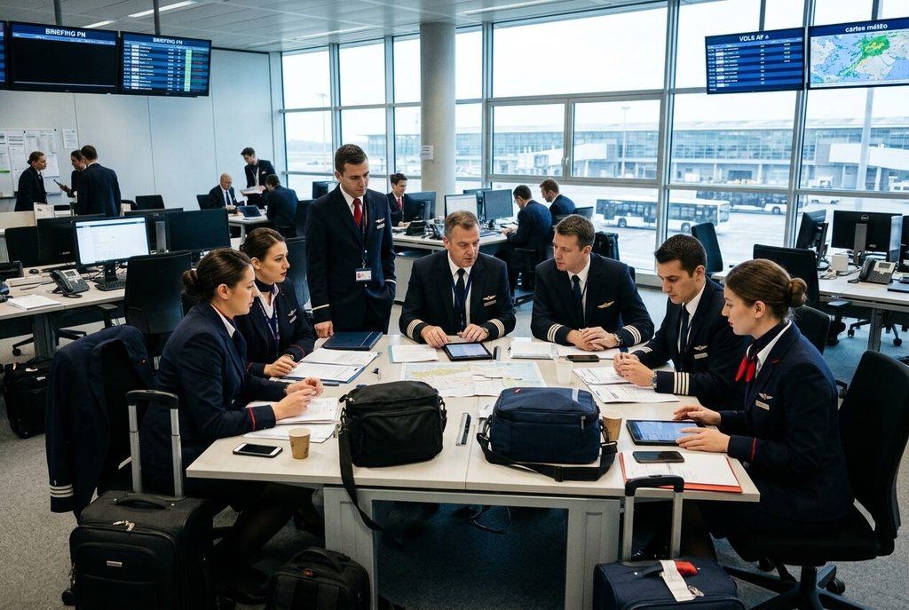 Cité PN Air France : à quoi sert-elle et qui peut y accéder ? 3 Équipage de bord en uniforme en salle de préparation de vol à la Cité PN.
