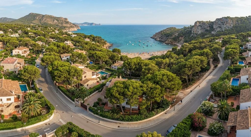Quartier résidentiel arboré de pins près de la calanque de Montgó à L'Escala.