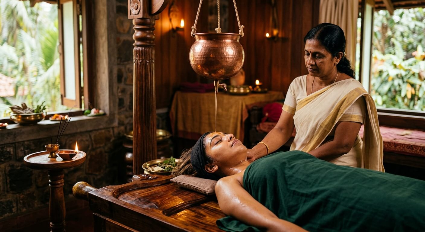 Soin traditionnel shirodhara avec filet d'huile tiède sur le front dans un centre ayurvédique au Kerala.
